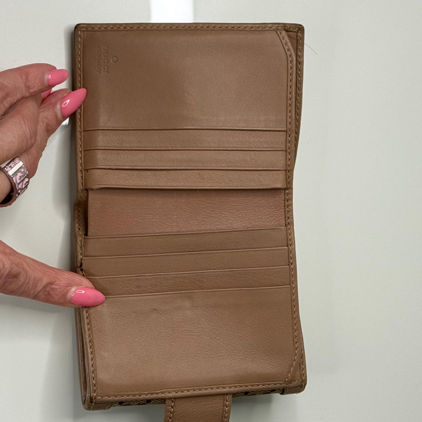 Gucci W Hook GG Canvas with Beige and Pink Leather Trim Wallet