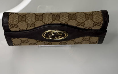 Gucci GG Canvas Beige and Brown Leather Trim Interlocking Wallet