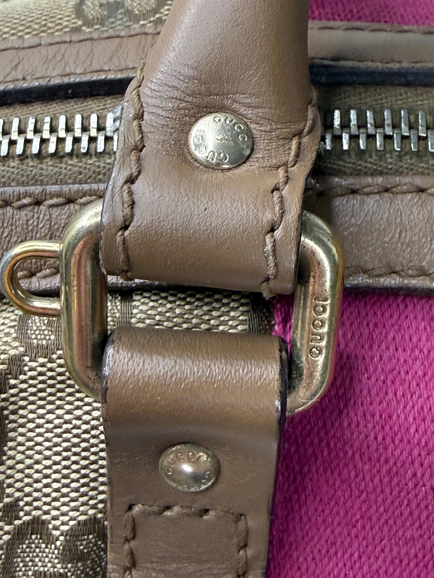 Gucci Vintage GG Canvas Joy Small Boston Bag with Pink and Brown Web Stripe