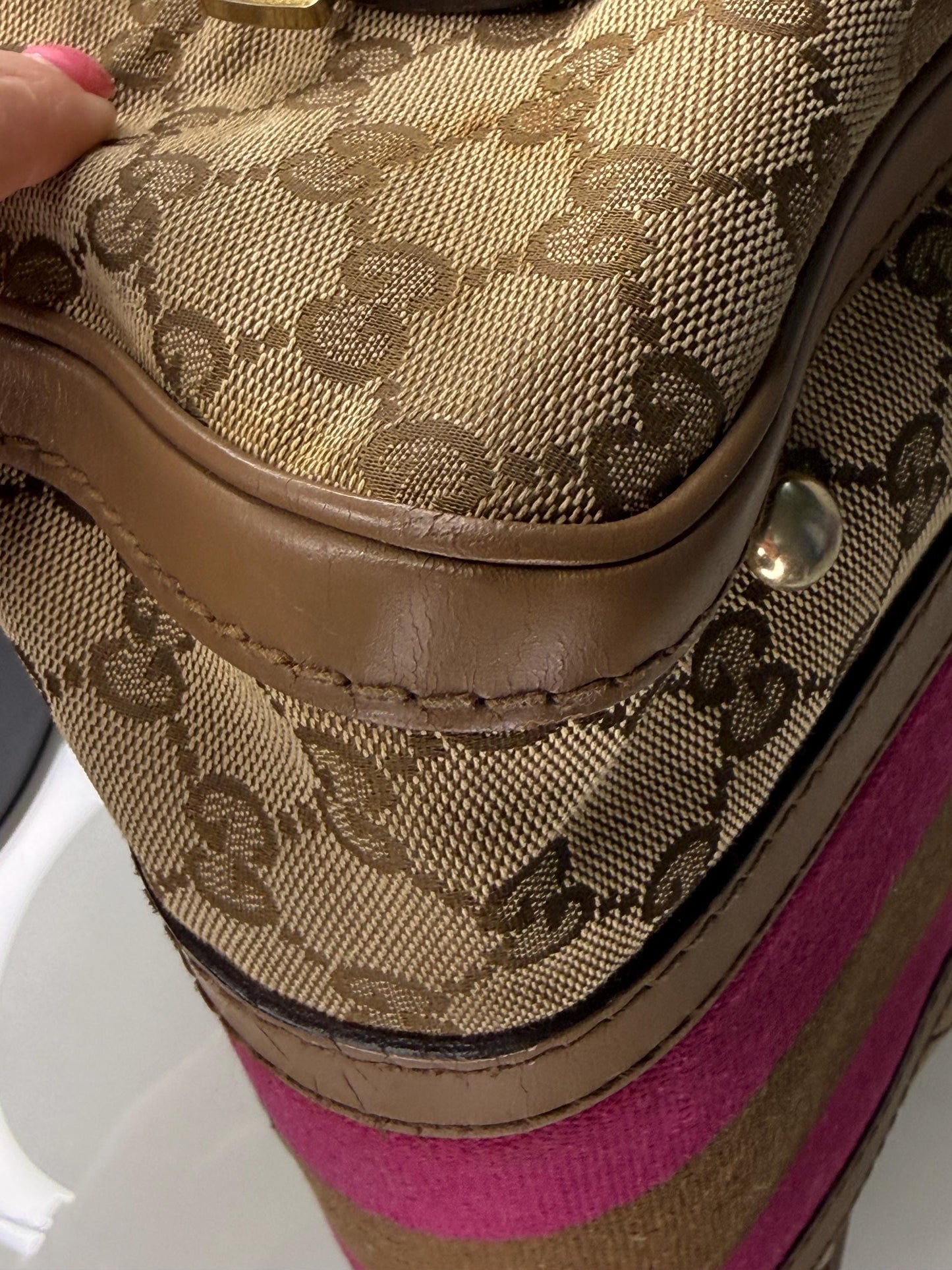 Gucci Vintage GG Canvas Joy Small Boston Bag with Pink and Brown Web Stripe