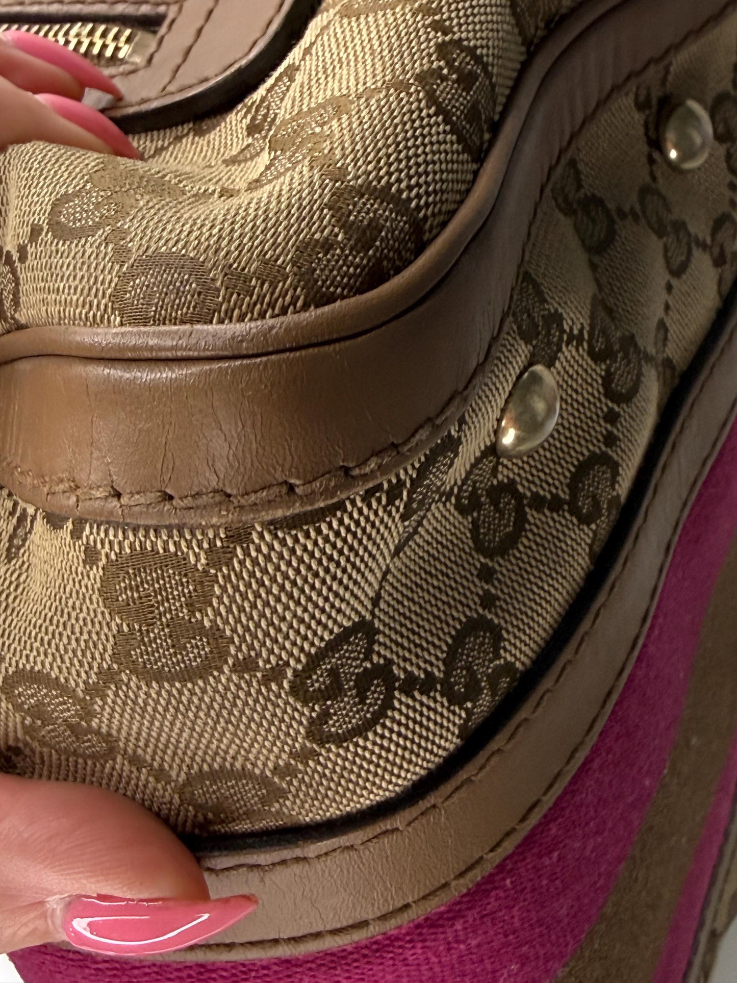 Gucci Vintage GG Canvas Joy Small Boston Bag with Pink and Brown Web Stripe