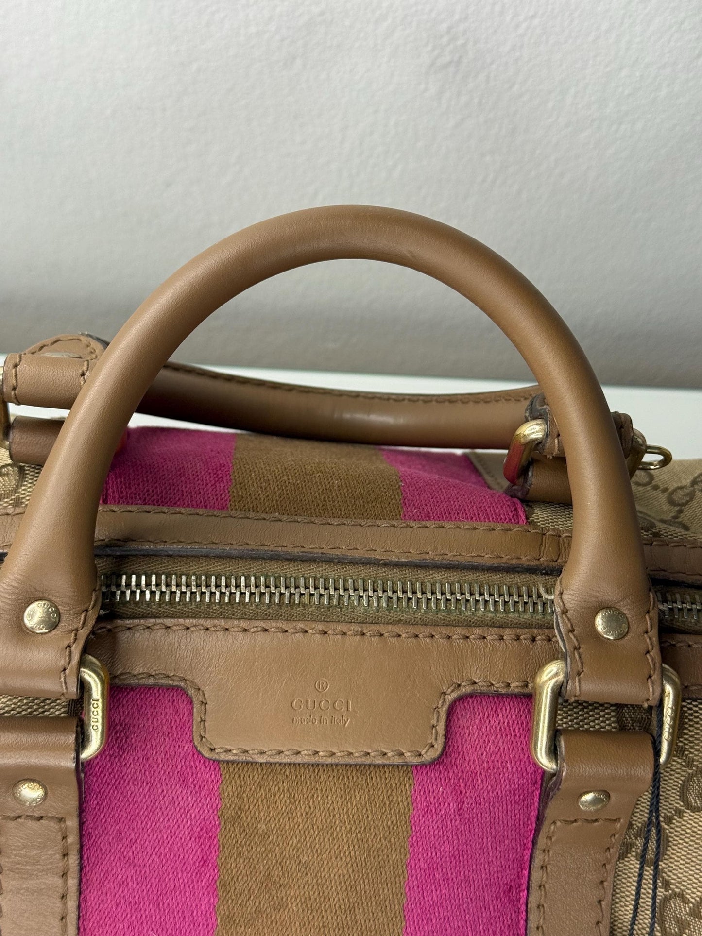 Gucci Vintage GG Canvas Joy Small Boston Bag with Pink and Brown Web Stripe