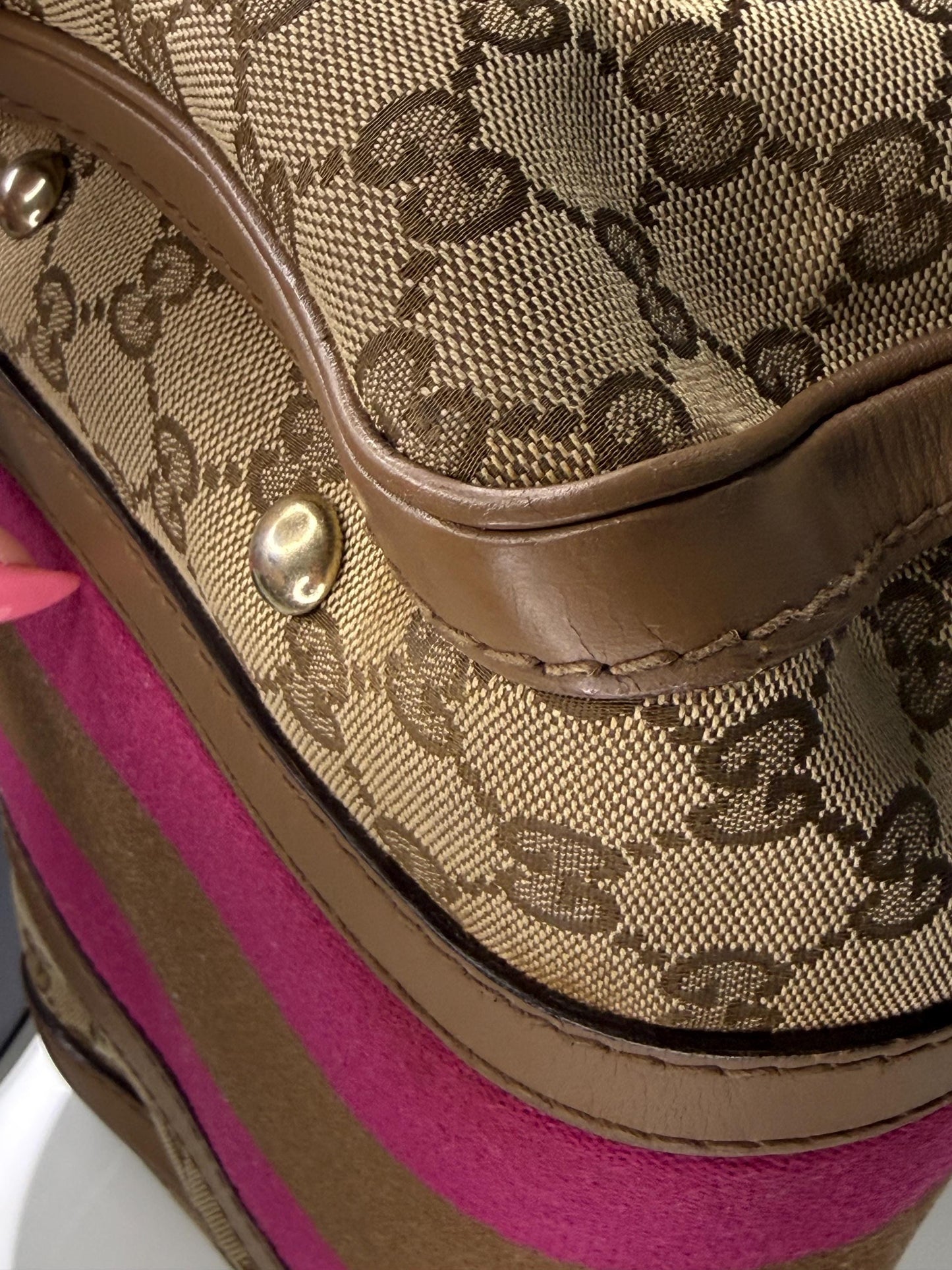 Gucci Vintage GG Canvas Joy Small Boston Bag with Pink and Brown Web Stripe