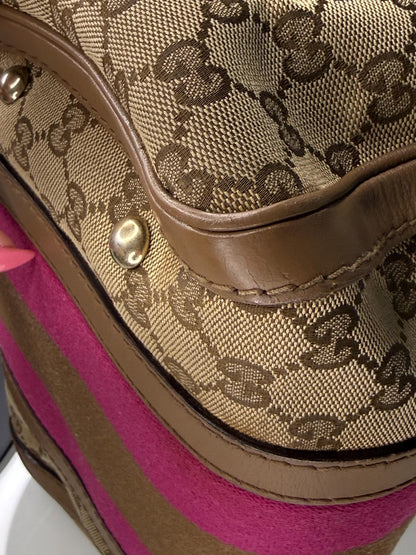 Gucci Vintage GG Canvas Joy Small Boston Bag with Pink and Brown Web Stripe