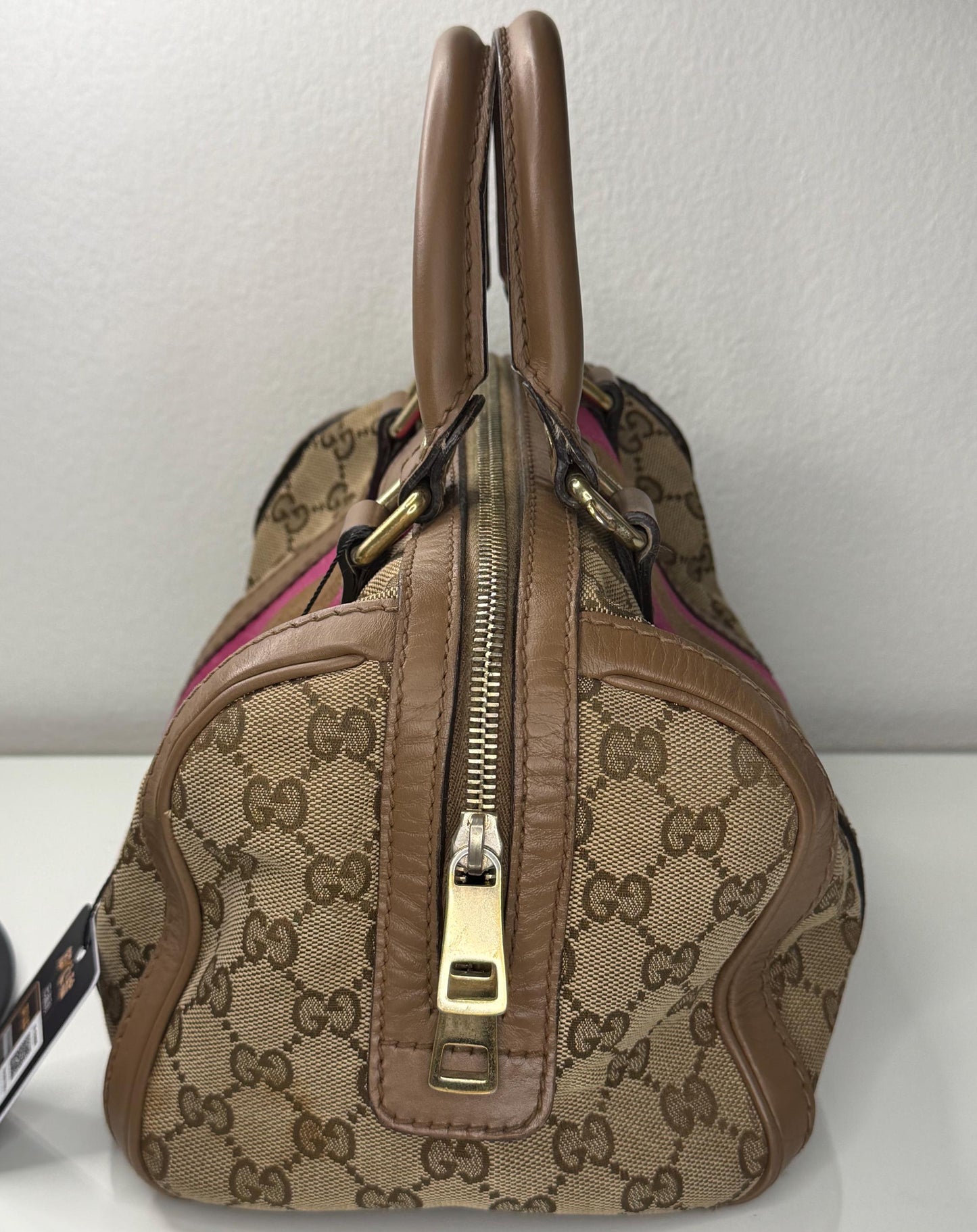 Gucci Vintage GG Canvas Joy Small Boston Bag with Pink and Brown Web Stripe