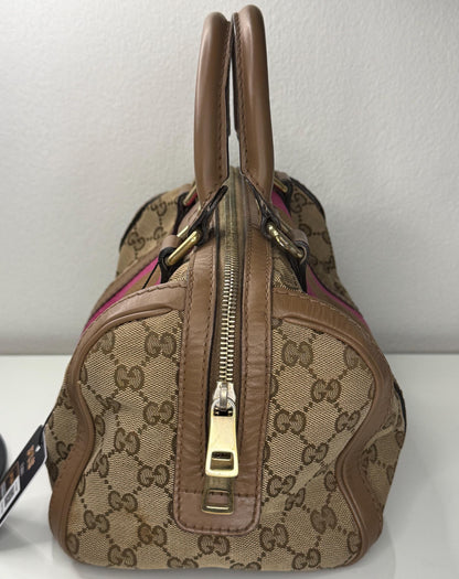 Gucci Vintage GG Canvas Joy Small Boston Bag with Pink and Brown Web Stripe