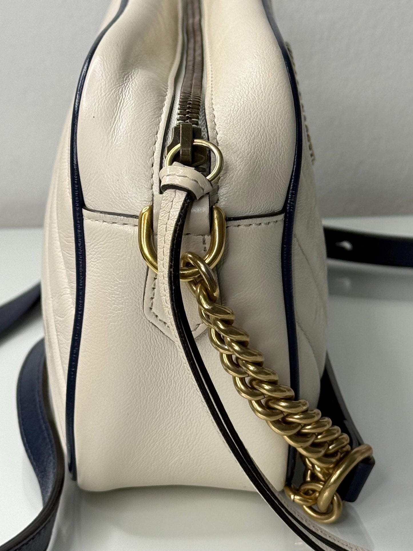 Gucci GG Marmont Small Shoulder Bag: Vintage Effect Calfskin, Mystic White Blue Agata