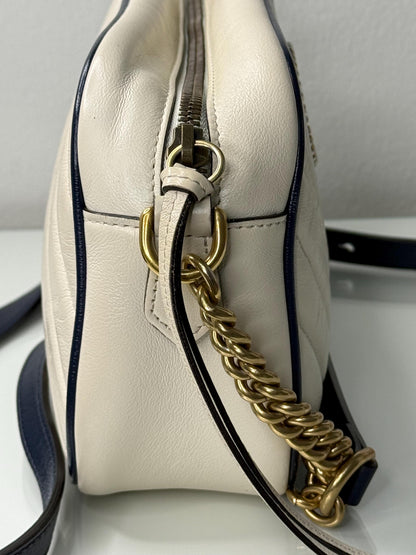 Gucci GG Marmont Small Shoulder Bag: Vintage Effect Calfskin, Mystic White Blue Agata