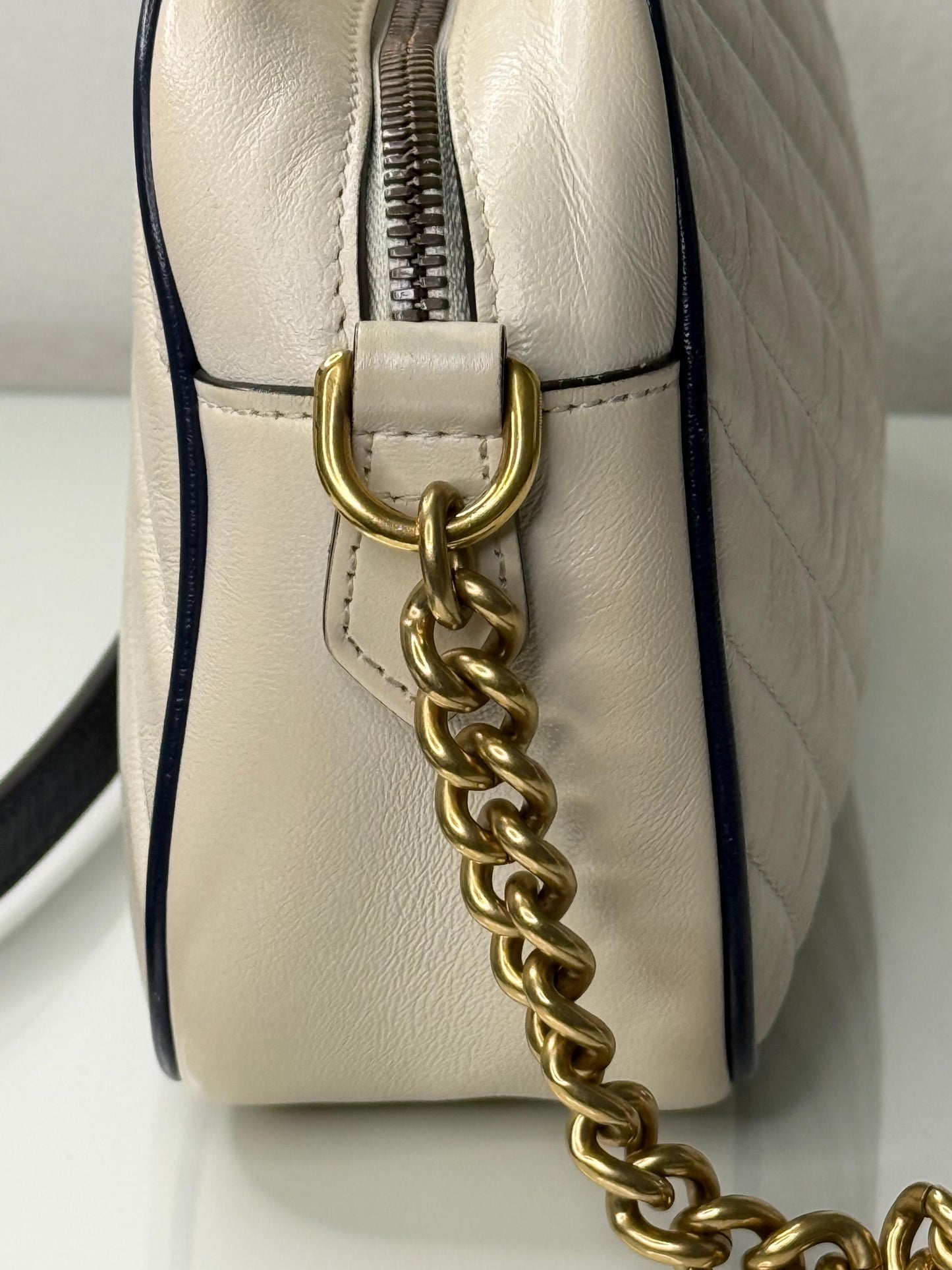 Gucci GG Marmont Small Shoulder Bag: Vintage Effect Calfskin, Mystic White Blue Agata