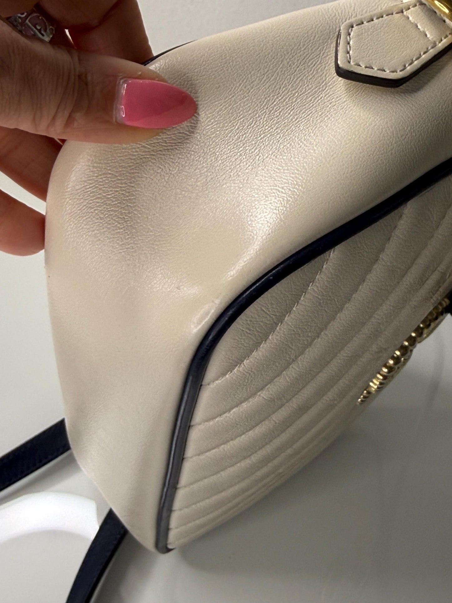 Gucci GG Marmont Small Shoulder Bag: Vintage Effect Calfskin, Mystic White Blue Agata
