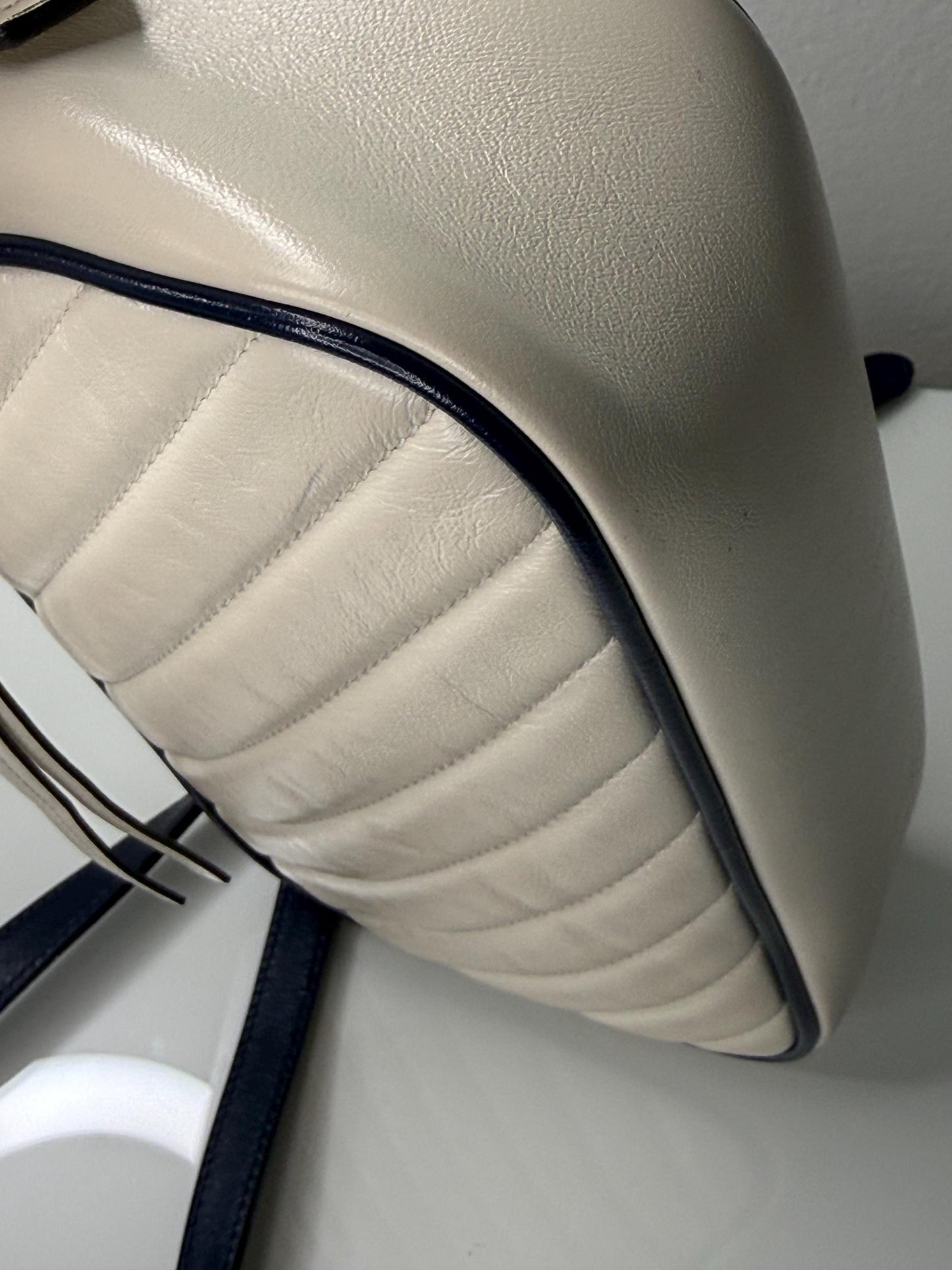 Gucci GG Marmont Small Shoulder Bag: Vintage Effect Calfskin, Mystic White Blue Agata