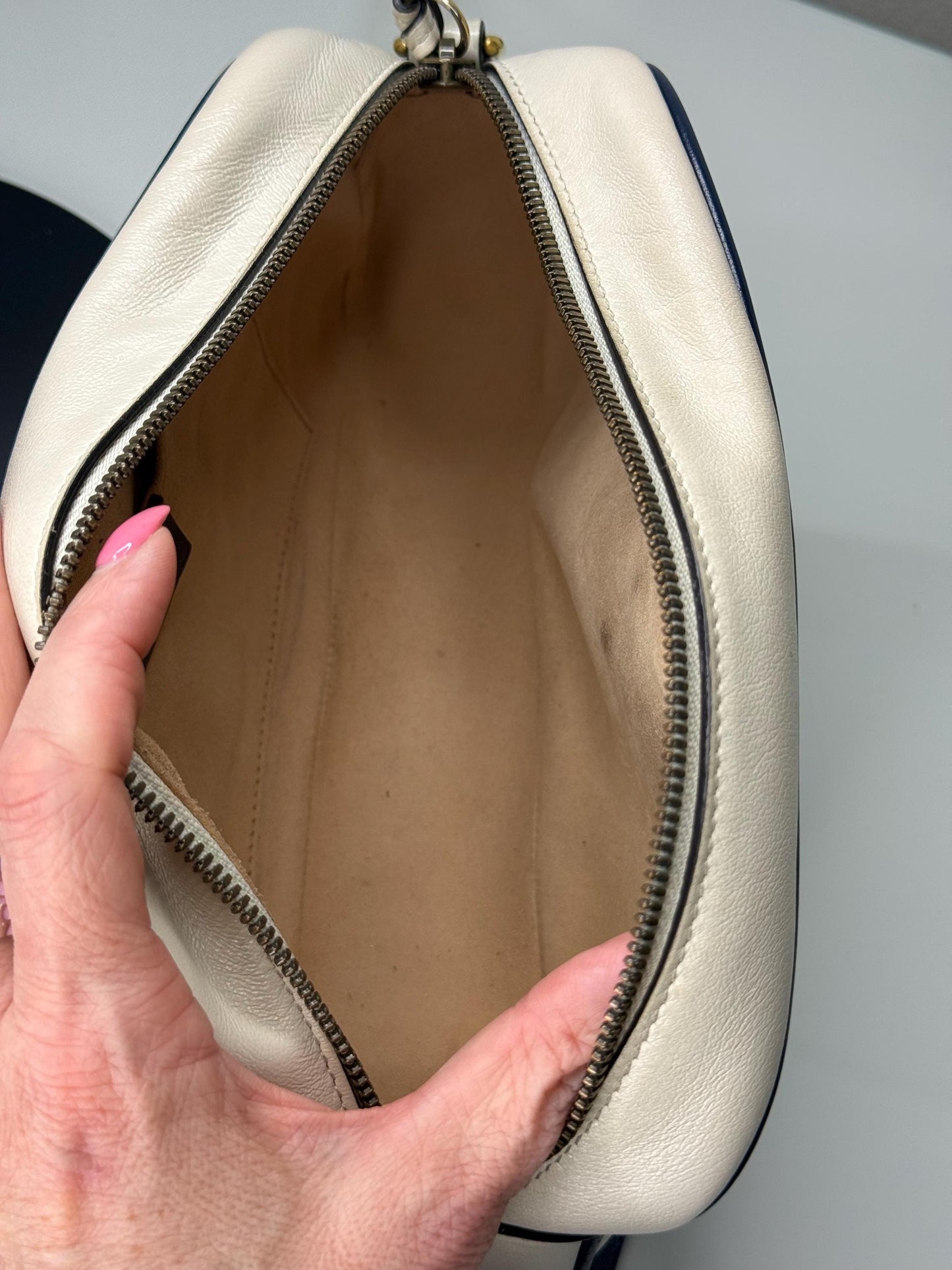 Gucci GG Marmont Small Shoulder Bag: Vintage Effect Calfskin, Mystic White Blue Agata