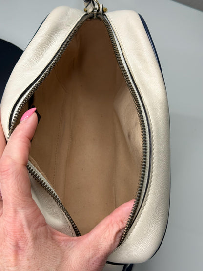 Gucci GG Marmont Small Shoulder Bag: Vintage Effect Calfskin, Mystic White Blue Agata