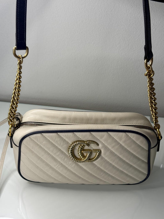 Gucci GG Marmont Small Shoulder Bag: Vintage Effect Calfskin, Mystic White Blue Agata