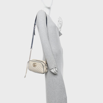 Gucci GG Marmont Small Shoulder Bag: Vintage Effect Calfskin, Mystic White Blue Agata