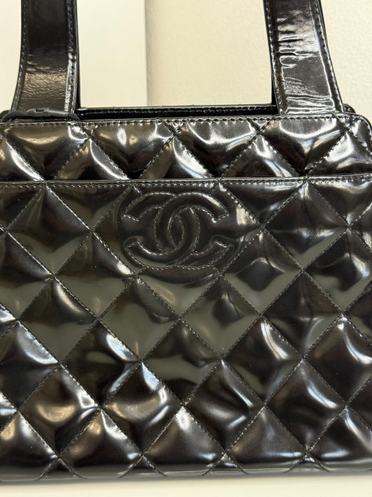 Chanel Black Patent Diamond Quilt Mini Tote Bag