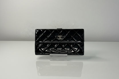 Chanel Black Patent Leather Quilted Flap Wallet