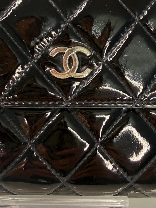 Chanel Black Patent Leather Quilted Flap Wallet
