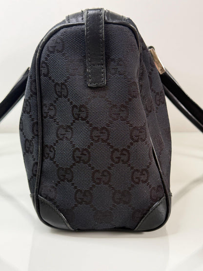 Gucci Vintage GG Navy Canvas Small Boston Bag with Black and Cream Web Stripe