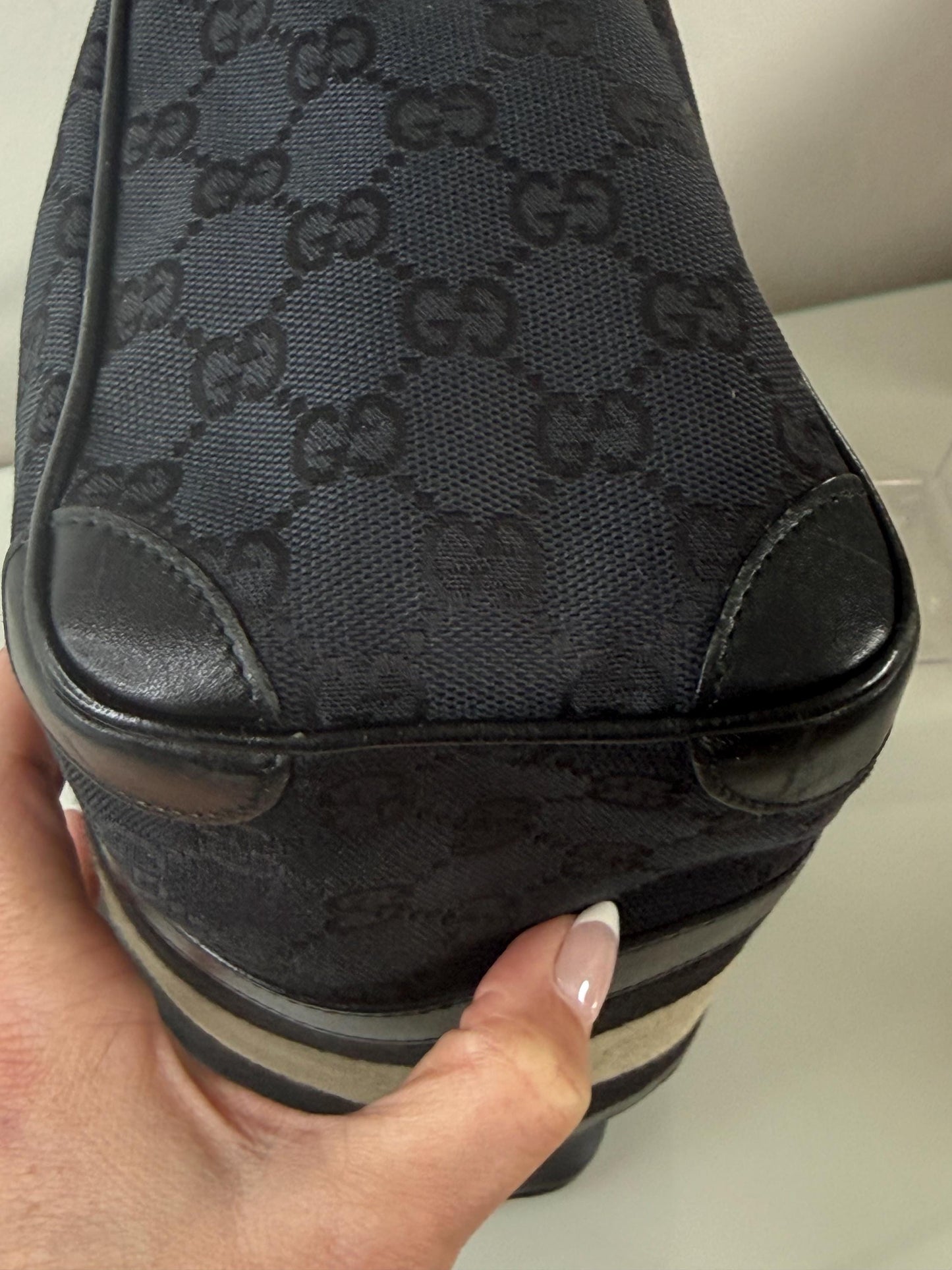 Gucci Vintage GG Navy Canvas Small Boston Bag with Black and Cream Web Stripe