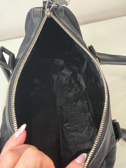 Gucci Vintage GG Navy Canvas Small Boston Bag with Black and Cream Web Stripe