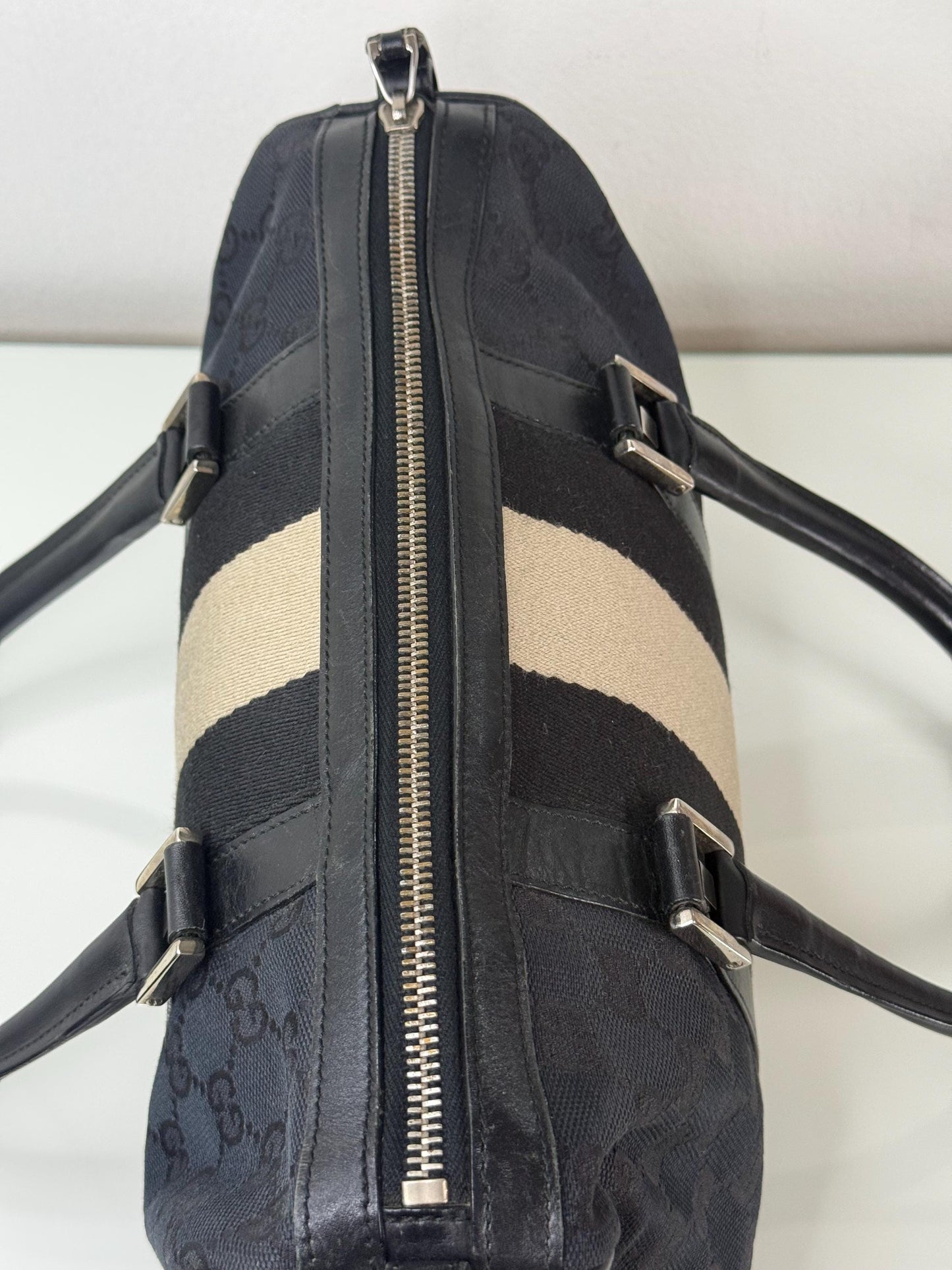 Gucci Vintage GG Navy Canvas Small Boston Bag with Black and Cream Web Stripe