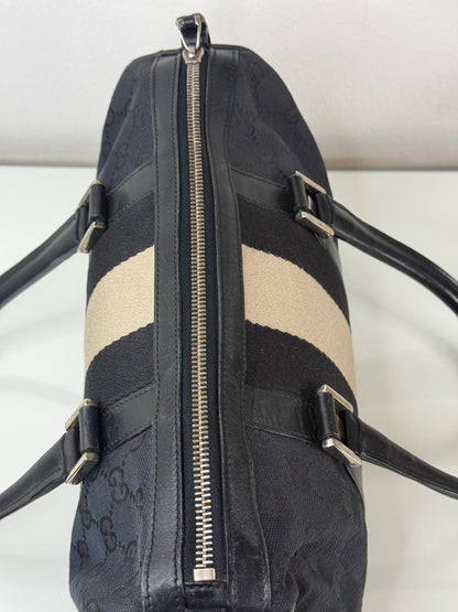 Gucci Vintage GG Navy Canvas Small Boston Bag with Black and Cream Web Stripe