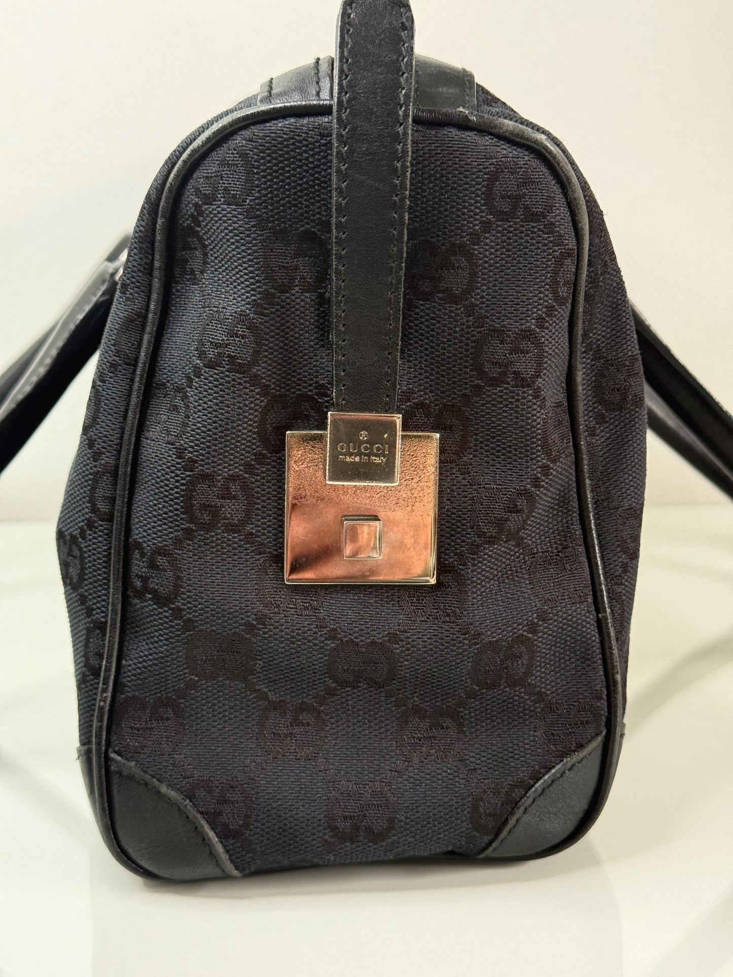 Gucci Vintage GG Navy Canvas Small Boston Bag with Black and Cream Web Stripe