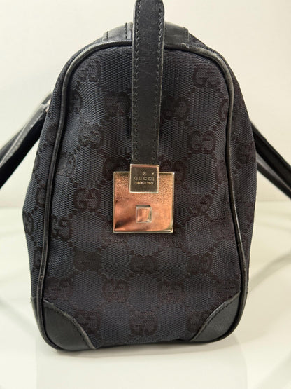 Gucci Vintage GG Navy Canvas Small Boston Bag with Black and Cream Web Stripe