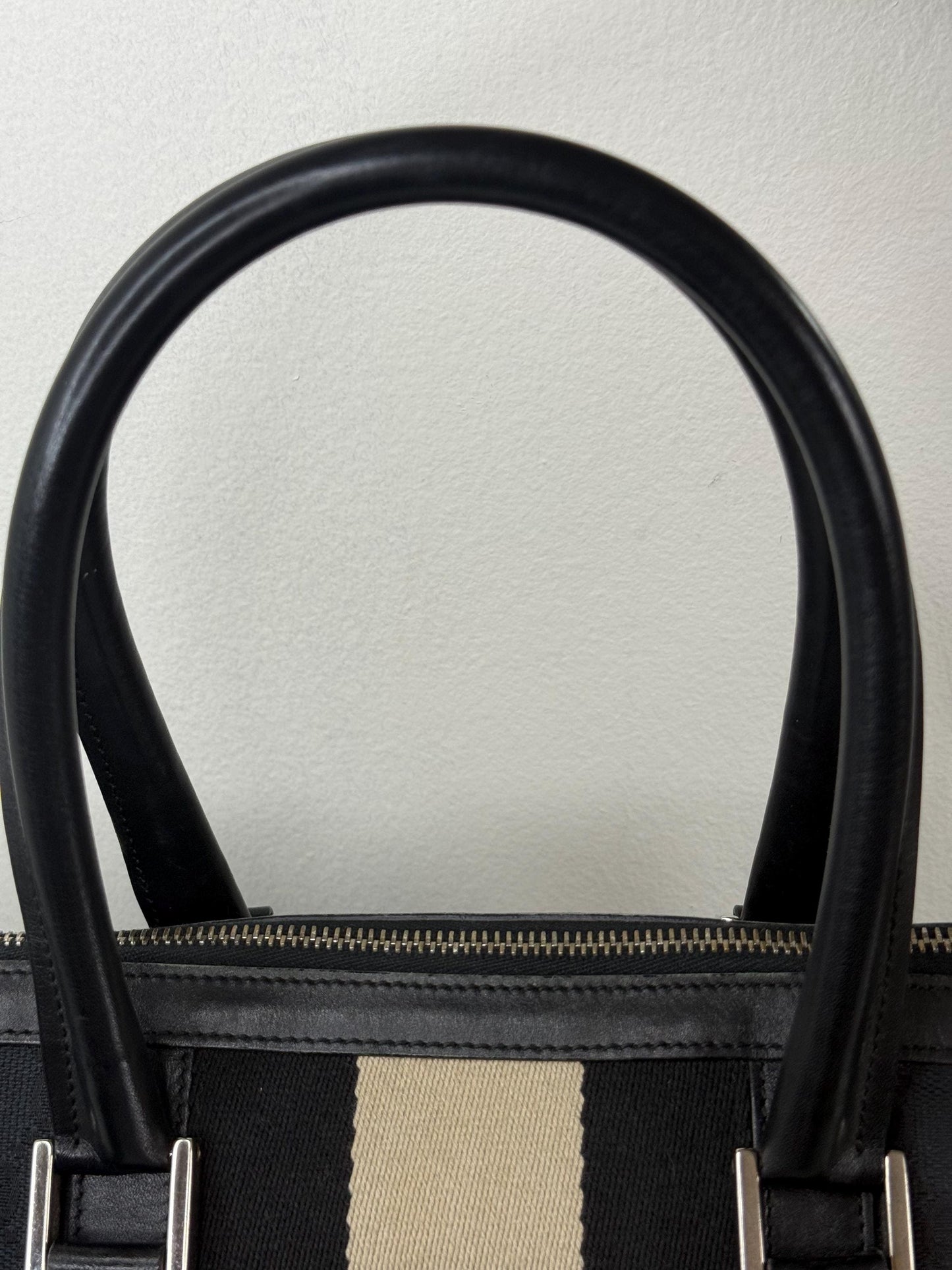 Gucci Vintage GG Navy Canvas Small Boston Bag with Black and Cream Web Stripe