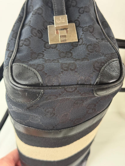 Gucci Vintage GG Navy Canvas Small Boston Bag with Black and Cream Web Stripe