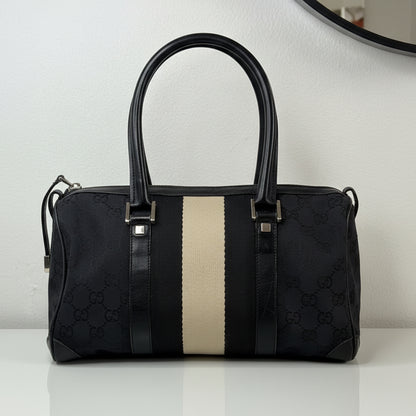 Gucci Vintage GG Navy Canvas Small Boston Bag with Black and Cream Web Stripe