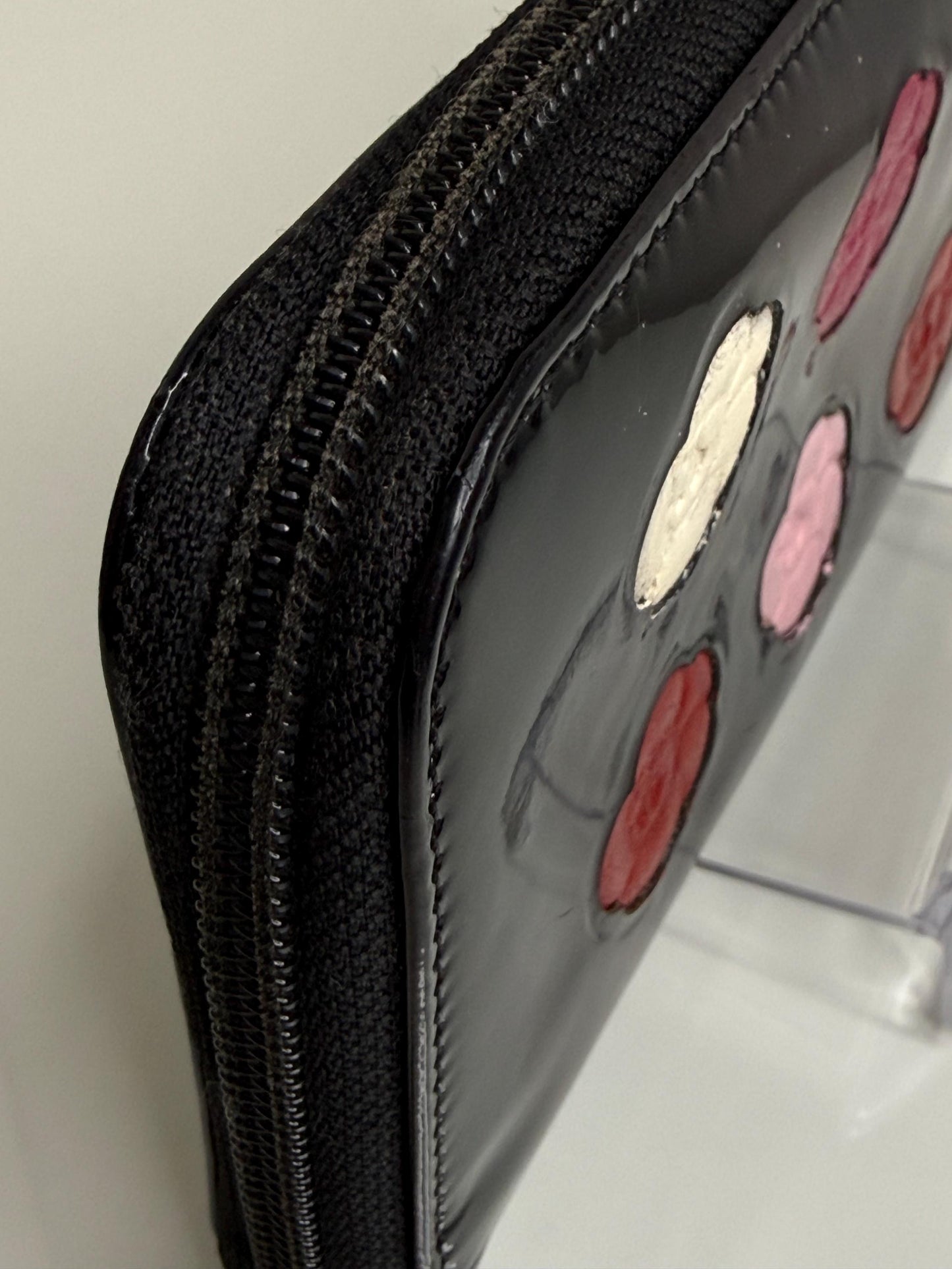 Chanel Black Patent Zipper Long Wallet with flowers