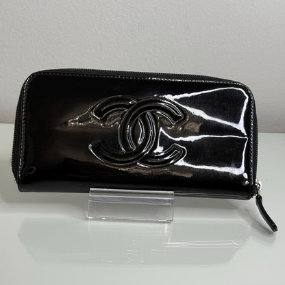 Chanel Black Patent Zipper Long Wallet with flowers