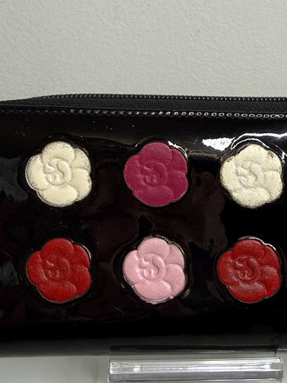 Chanel Black Patent Zipper Long Wallet with flowers