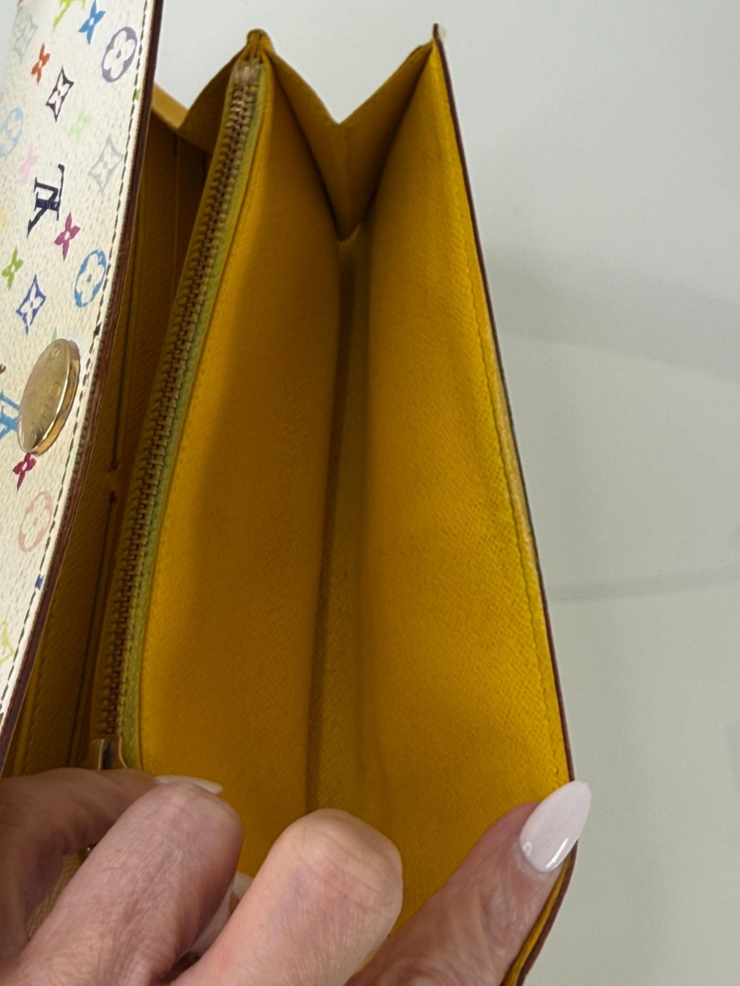 Louis Vuitton White Murakami Sarah Long Wallet with Yellow interior