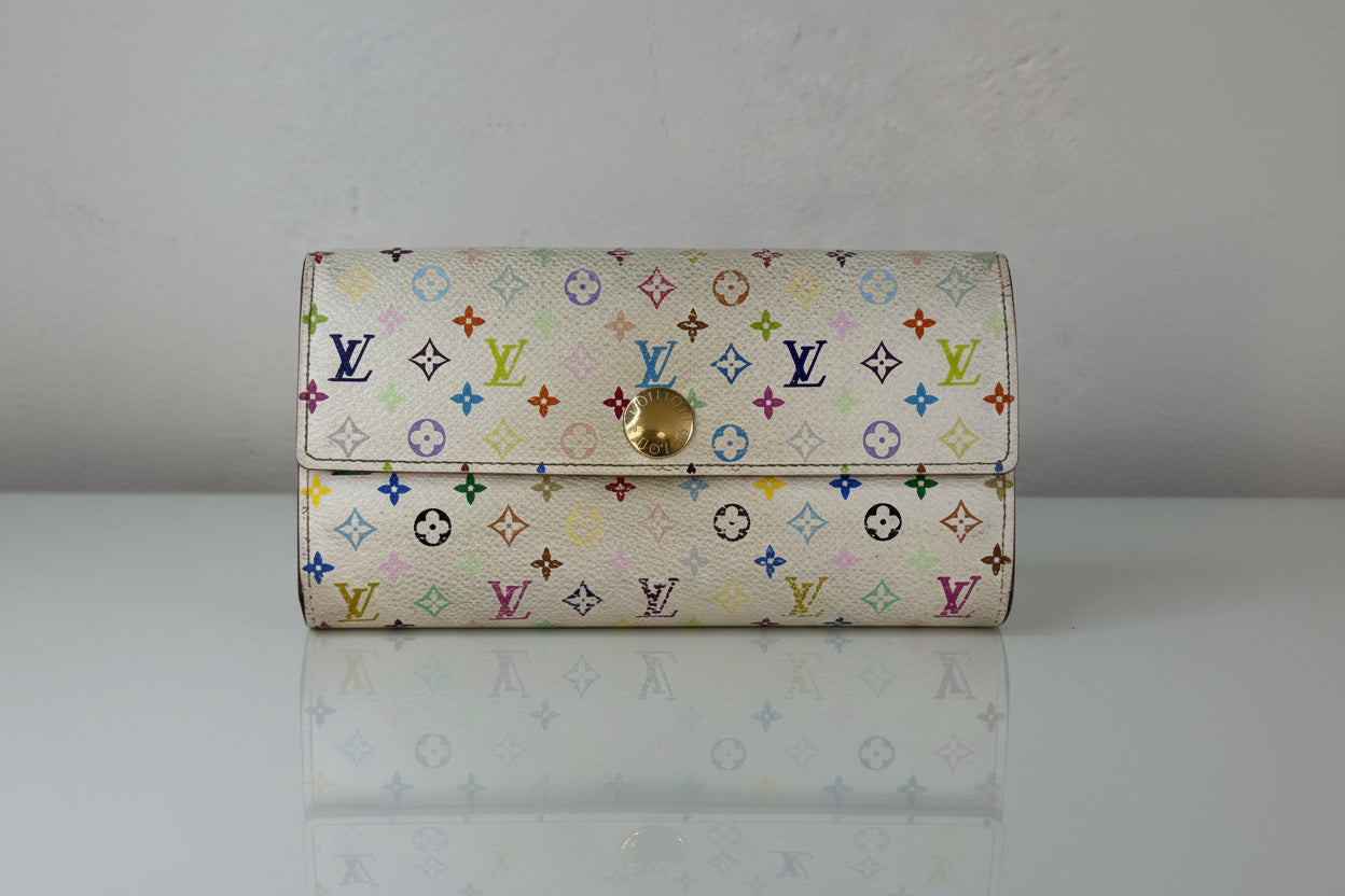 Louis Vuitton White Murakami Sarah Long Wallet with Yellow interior
