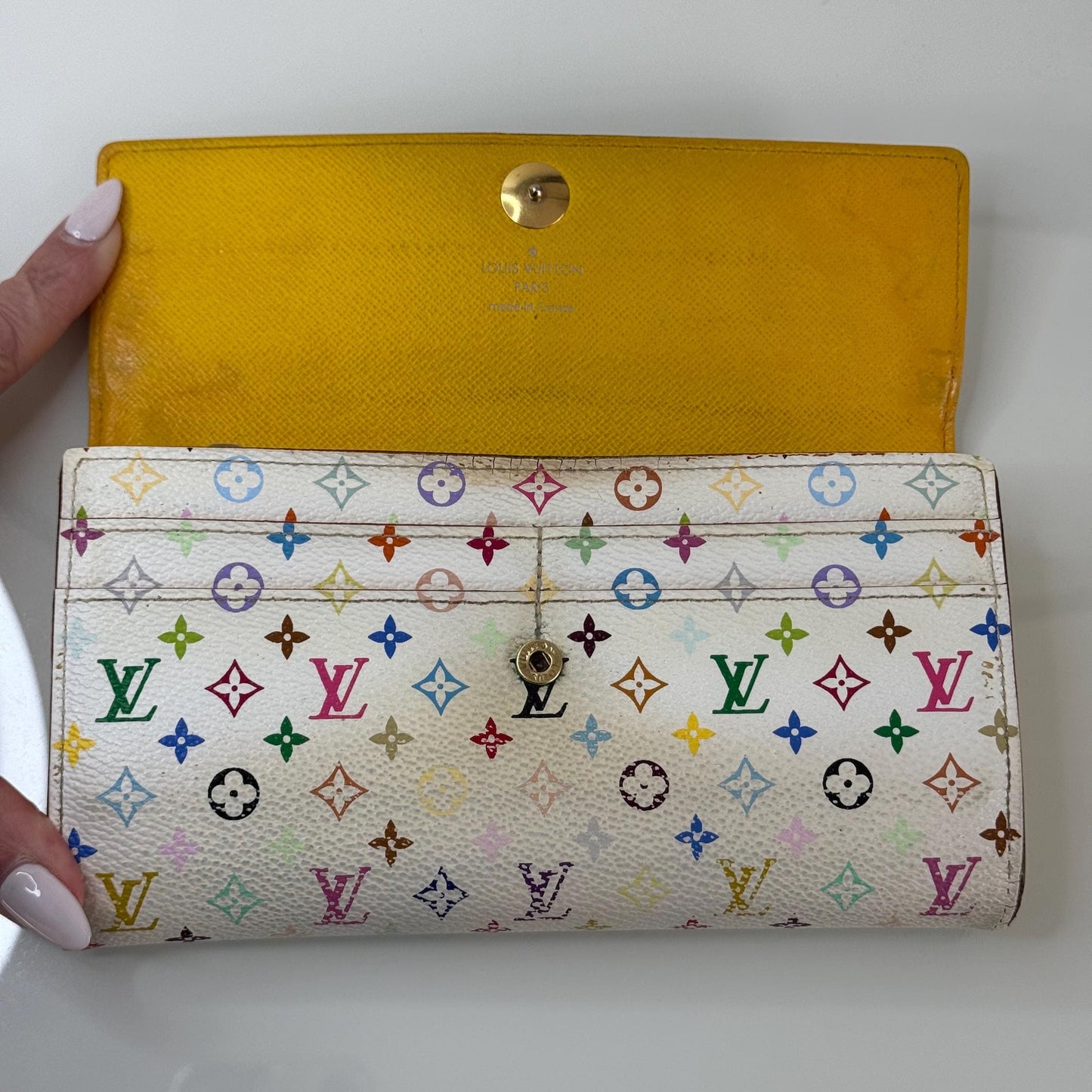 Louis Vuitton White Murakami Sarah Long Wallet with Yellow interior