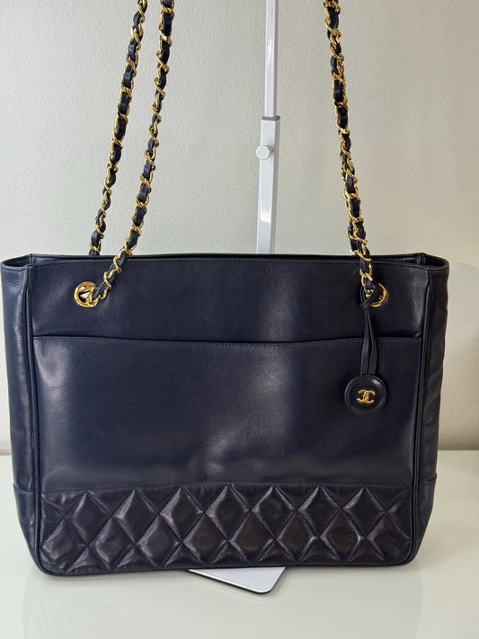 Chanel Vintage Navy Blue Lambskin Quilted Gold Chain Tote Bag