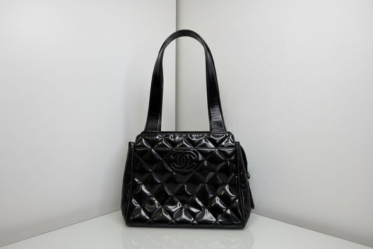 Chanel Black Patent Diamond Quilt Mini Tote Bag