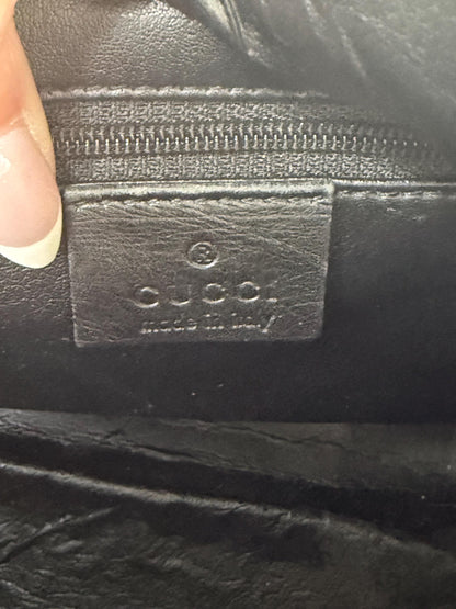 Gucci Vintage GG Navy Canvas Small Boston Bag with Black and Cream Web Stripe