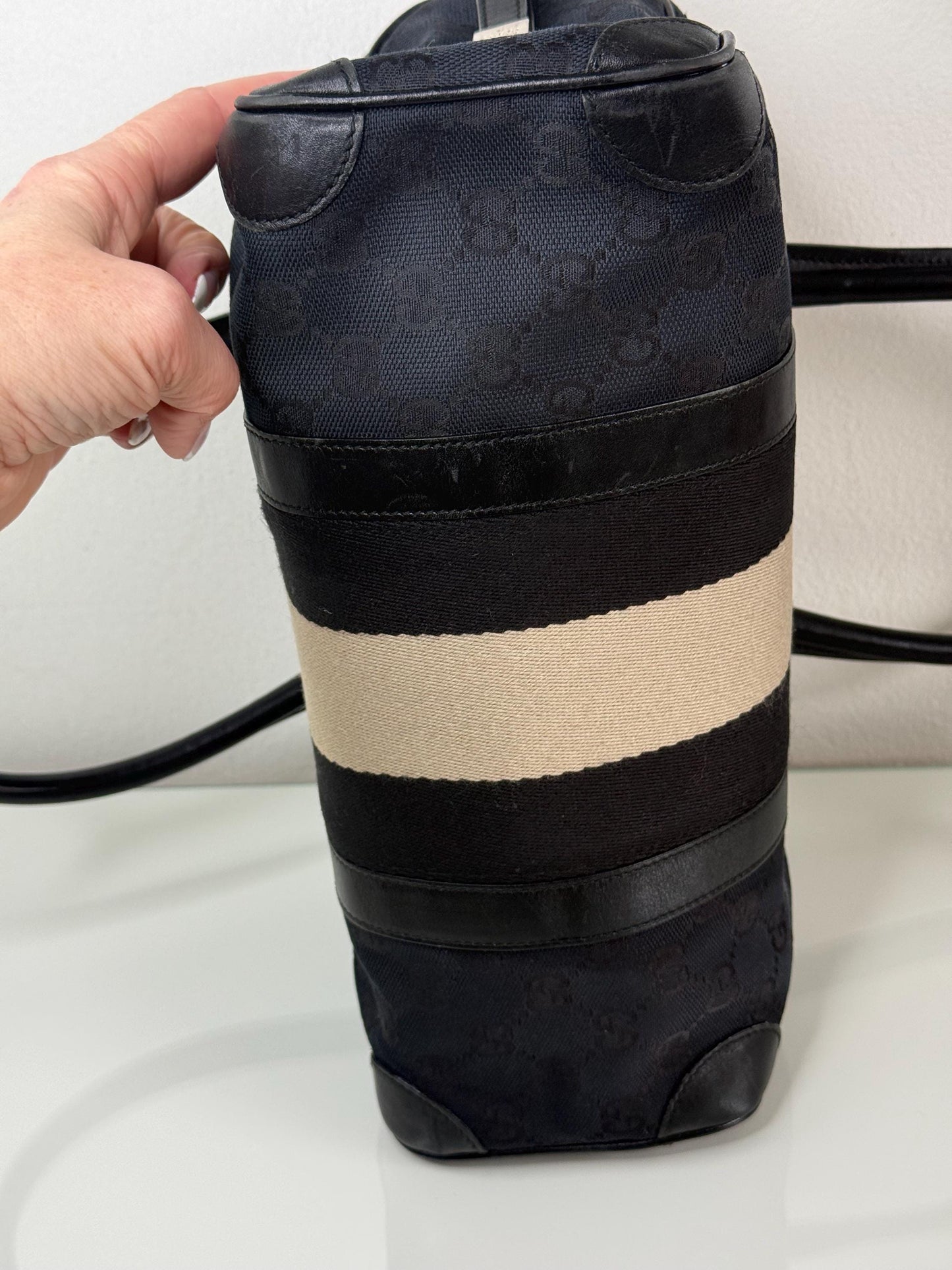 Gucci Vintage GG Navy Canvas Small Boston Bag with Black and Cream Web Stripe