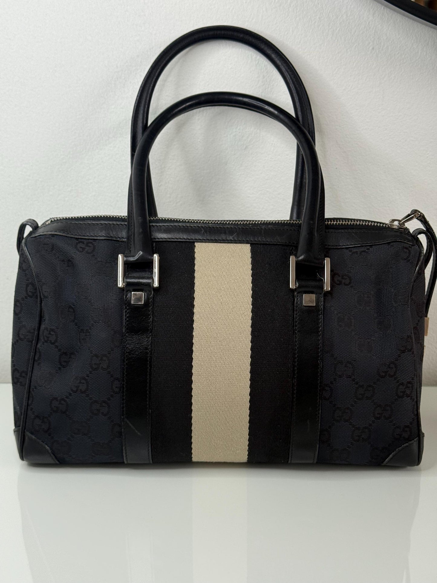 Gucci Vintage GG Navy Canvas Small Boston Bag with Black and Cream Web Stripe