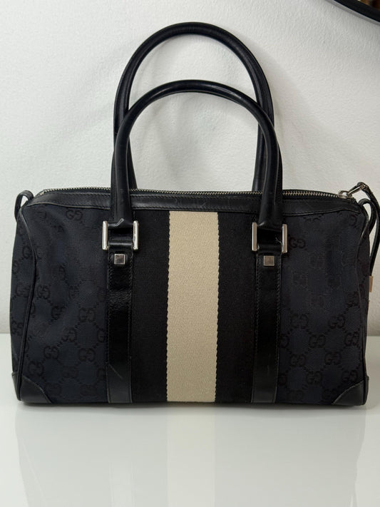 Gucci Vintage GG Navy Canvas Small Boston Bag with Black and Cream Web Stripe