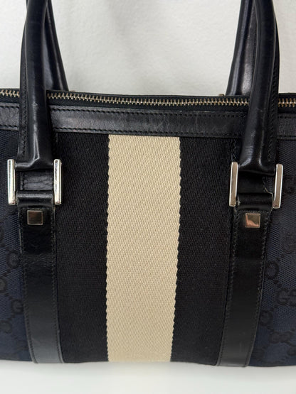 Gucci Vintage GG Navy Canvas Small Boston Bag with Black and Cream Web Stripe